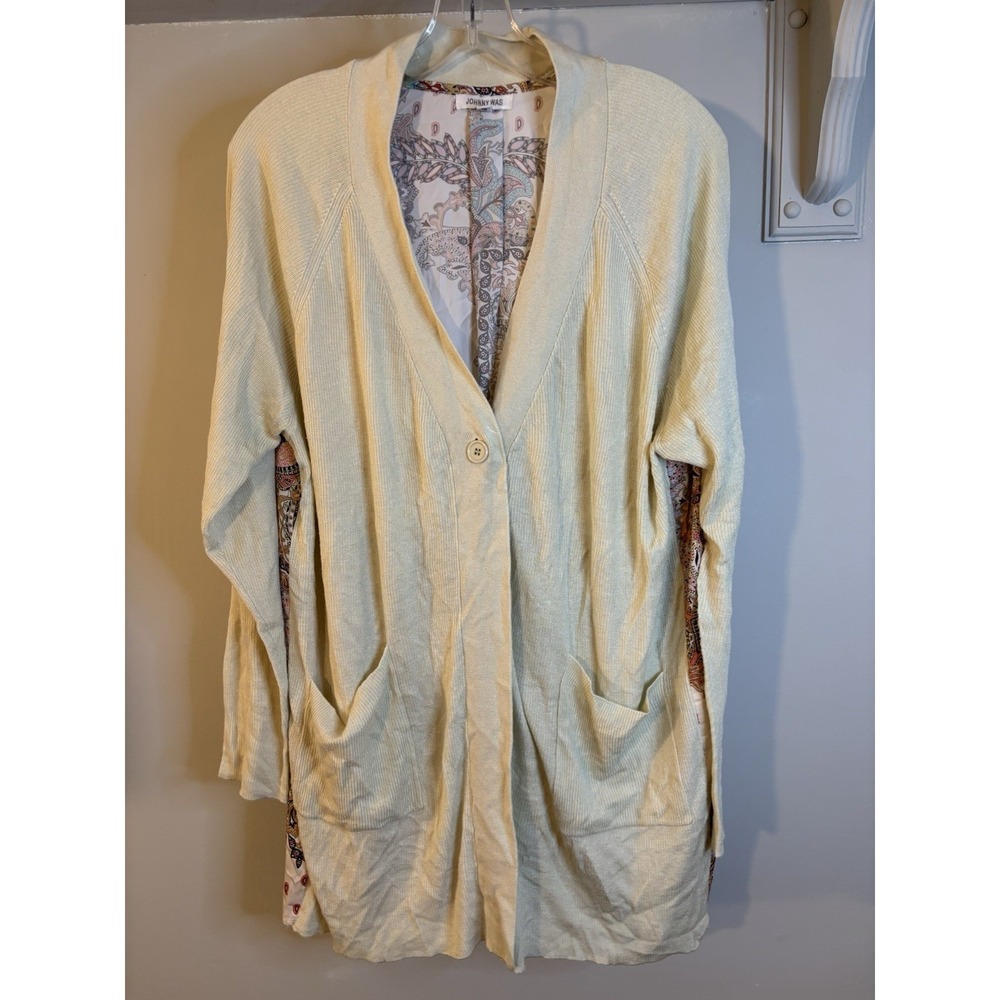 JOHNNY WAS Ecru‎ Silk Cashmere Cardigan Paisley Back L Boho Single Button